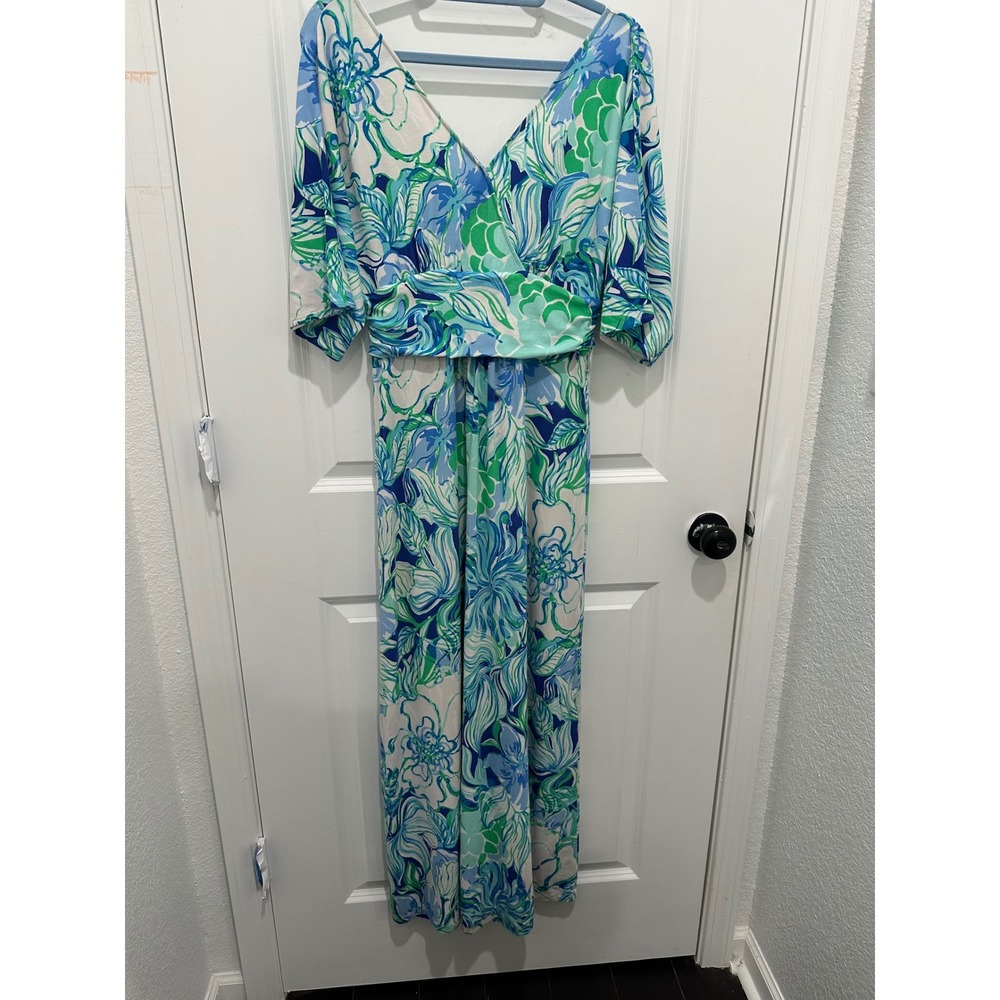 Lilly Pulitzer Parigi Blue Green Floral Maxi Dress V-Neck Resort Wear M
